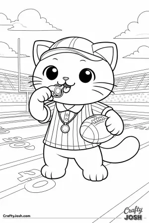 Kawaii cat referee, wearing a striped shirt and holding a football, friendly whistle pose