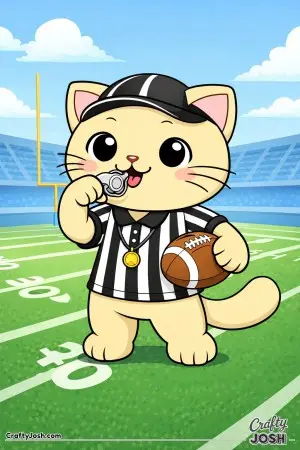 Kawaii cat referee, wearing a striped shirt and holding a football, friendly whistle pose
