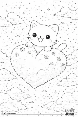 Kawaii cat riding a cloud shaped like a heart