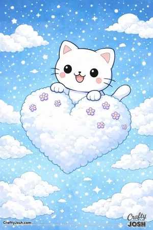 Kawaii cat riding a cloud shaped like a heart