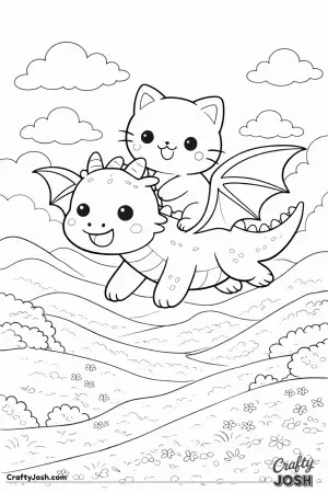 Kawaii cat riding a friendly dragon over rolling hills