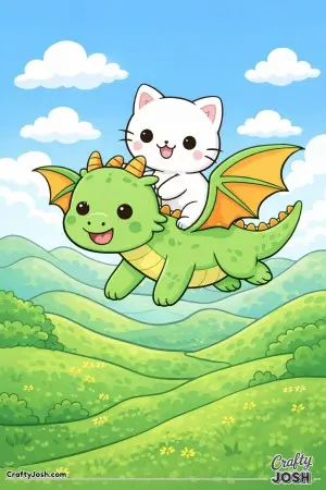 Kawaii cat riding a friendly dragon over rolling hills