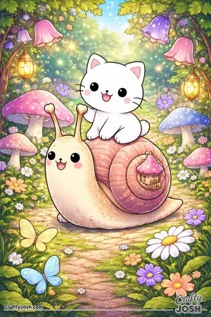 Kawaii cat riding a giant snail through a fairy garden