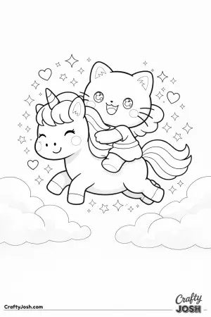 Kawaii cat riding a unicorn through sparkles