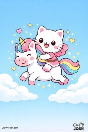 Kawaii cat riding a unicorn through sparkles