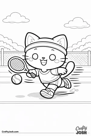 Kawaii cat running to hit a tennis ball, simple motion lines, open court background