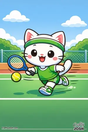 Kawaii cat running to hit a tennis ball, simple motion lines, open court background