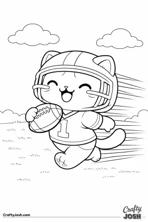Kawaii cat running with an American football, mid-stride, big motion lines, simple field background