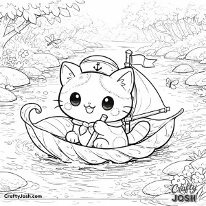 Kawaii cat sailing on a floating leaf down a gentle stream