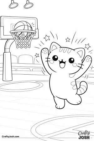 Kawaii cat scoring a basket, basketball going through the hoop, celebration pose