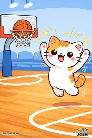 Kawaii cat scoring a basket, basketball going through the hoop, celebration pose