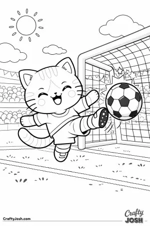 Kawaii cat scoring a goal, kicking a soccer ball into a big net, happy expression, simple stadium background