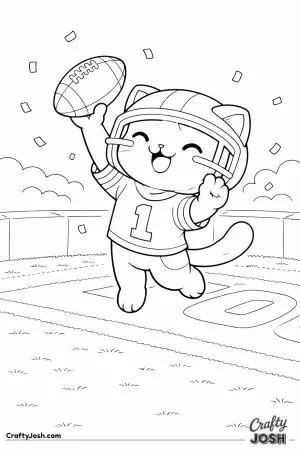 Kawaii cat scoring a touchdown, holding the football up high in the end zone, cheering pose