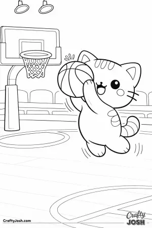 Kawaii cat shooting a basketball, gentle jump shot pose, hoop clearly visible