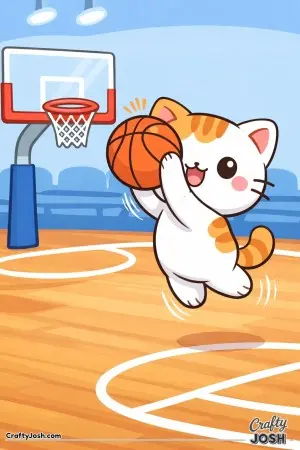 Kawaii cat shooting a basketball, gentle jump shot pose, hoop clearly visible
