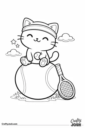 Kawaii cat sitting on a giant tennis ball, racket leaning nearby, relaxed pose