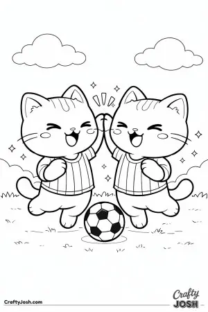 Kawaii cat team high-five, two kawaii cats in matching soccer jerseys celebrating together