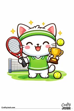 Kawaii cat tennis champion, holding a small trophy and tennis racket
