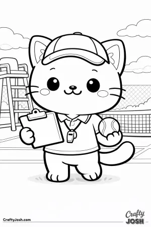 Kawaii cat tennis referee, holding a clipboard and tennis ball, friendly expression