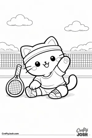 Kawaii cat tennis warm-up, stretching with racket resting beside them