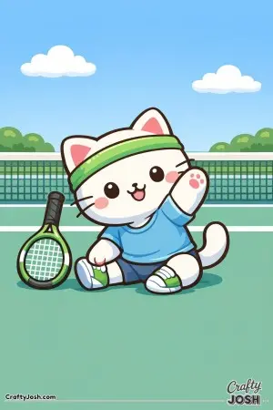 Kawaii cat tennis warm-up, stretching with racket resting beside them