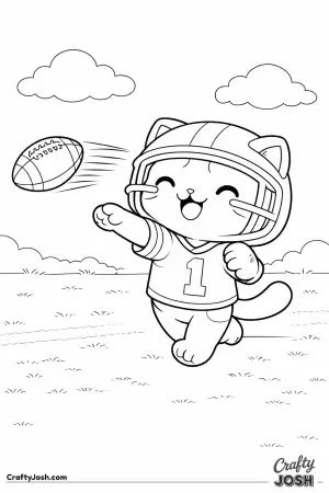 Kawaii cat throwing an American football, gentle throwing pose, ball floating in the air