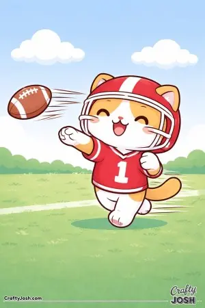 Kawaii cat throwing an American football, gentle throwing pose, ball floating in the air