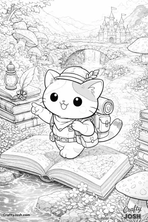 Kawaii cat traveling through a storybook world