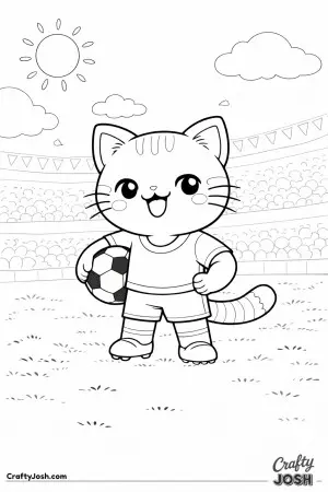 Kawaii cat wearing a soccer jersey holding a soccer ball proudly under one arm, standing pose