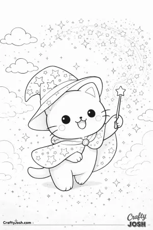 Kawaii cat wearing a wizard hat, casting simple sparkly spells