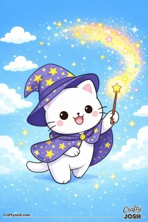 Kawaii cat wearing a wizard hat, casting simple sparkly spells