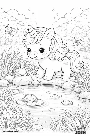 Kawaii unicorn beside a calm pond