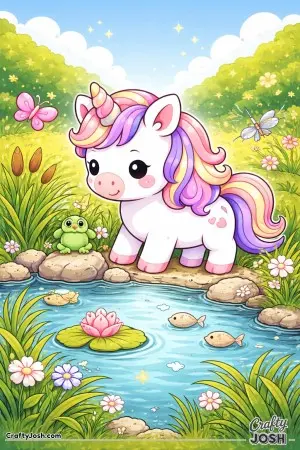 Kawaii unicorn beside a calm pond