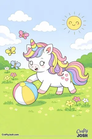 In this playful image there is a cute unicorn playing with a ball in a field with butterflies