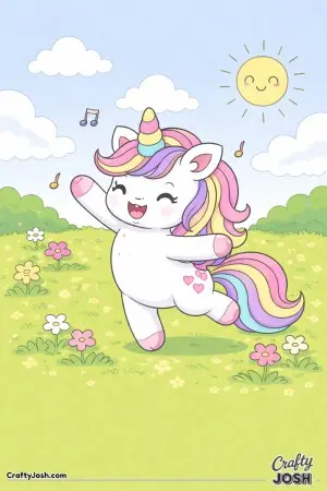 You may never have seen such a happy unicorn as this one that is dancing happily in a field