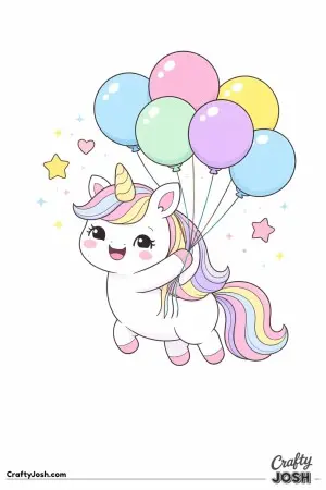 Cute kawaii unicorn holding a bunch of balloons