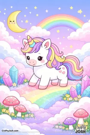 Kawaii unicorn in a dreamlike landscape