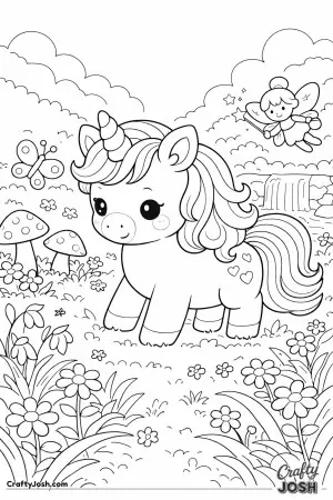 There are many things to see in this magical fairy garden where this cute unicorn takes center stage among the flowers and mushrooms