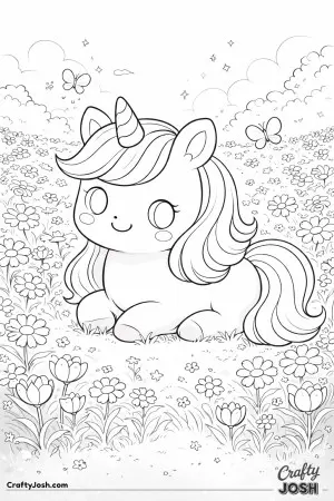 Cute kawaii unicorn in a flower meadow