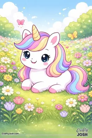 Cute kawaii unicorn in a flower meadow