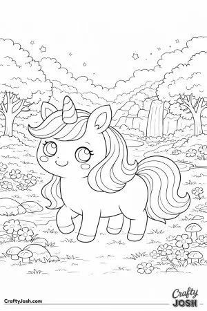 Kawaii unicorn in an enchanted valley