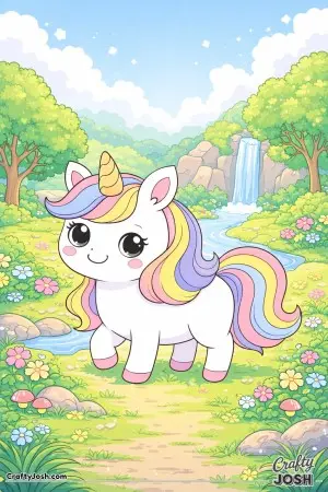 Kawaii unicorn in an enchanted valley