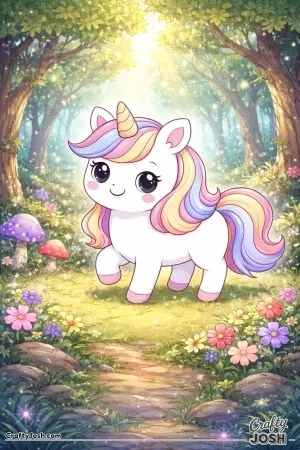 Cute kawaii unicorn in a magical forest clearing