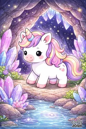 Kawaii unicorn at a crystal cave entrance