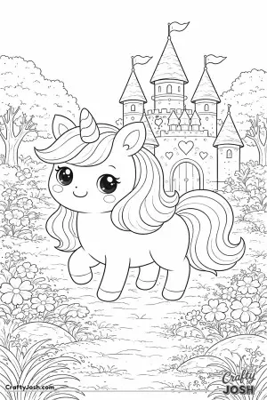 Kawaii unicorn near a small castle