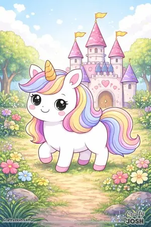 Kawaii unicorn near a small castle