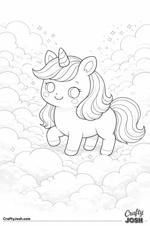 Kawaii unicorn near fluffy clouds