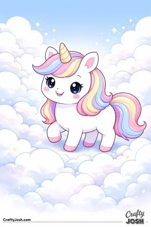 Kawaii unicorn near fluffy clouds