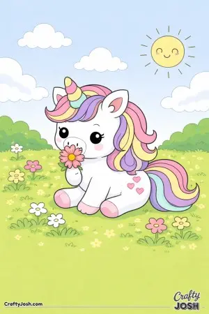 Cute kawaii unicorn nibbling on a flower
