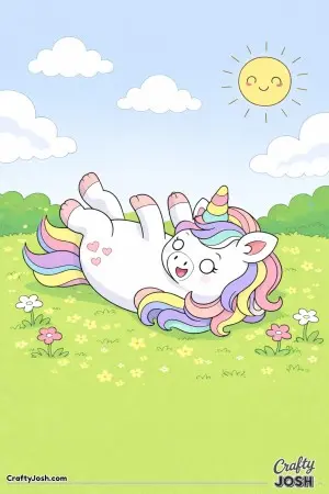 Cute kawaii unicorn rolling on the grass